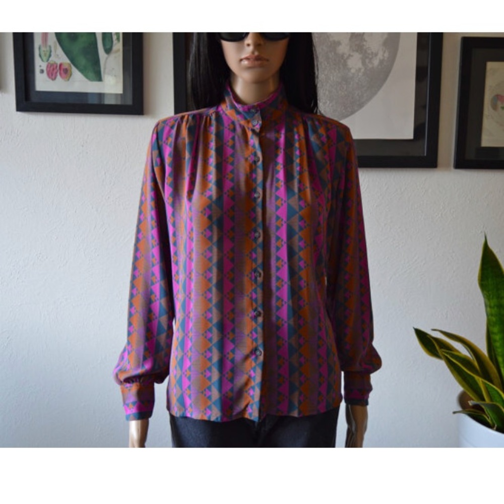 Vintage Geometric Button Up Blouse High Neck